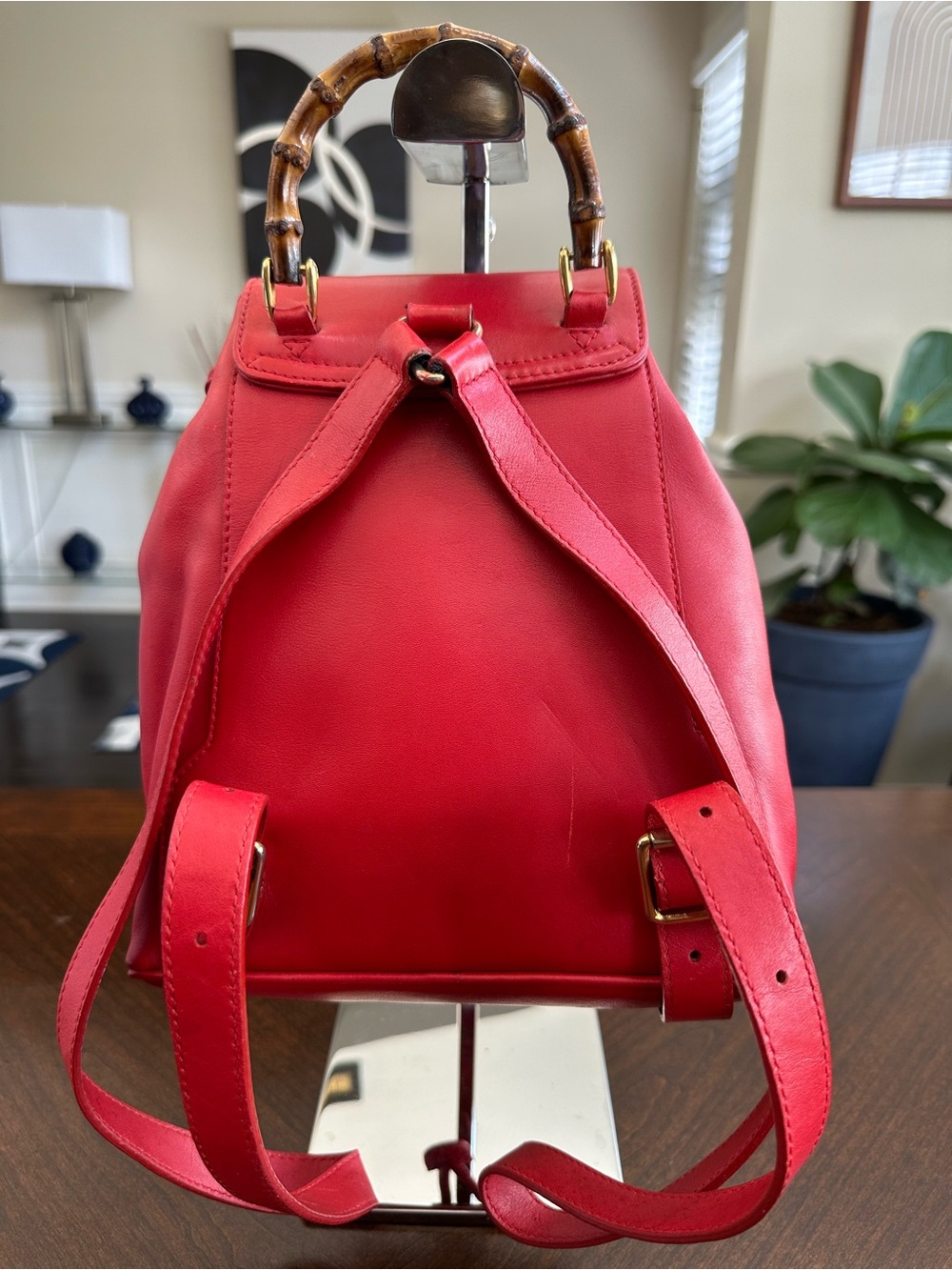 Gucci Red Leather Bamboo-Handle Drawstring Backpack - Picture 4 of 6